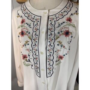 White Embroidered Button Front Long Sleeve Tunic Top 22W Women's Casual Elegant